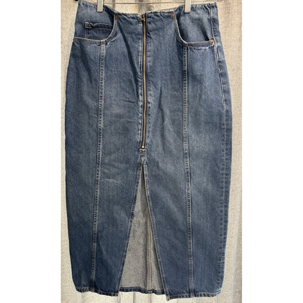 Old Navy Jenny Denim Skirt Womens 10 Blue Straight Front Slit Long Zip Pockets